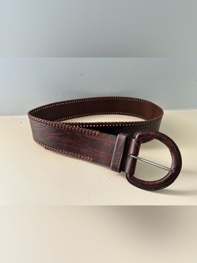 Lake Shore Drive Brown Leather Belt with Round Buckle
